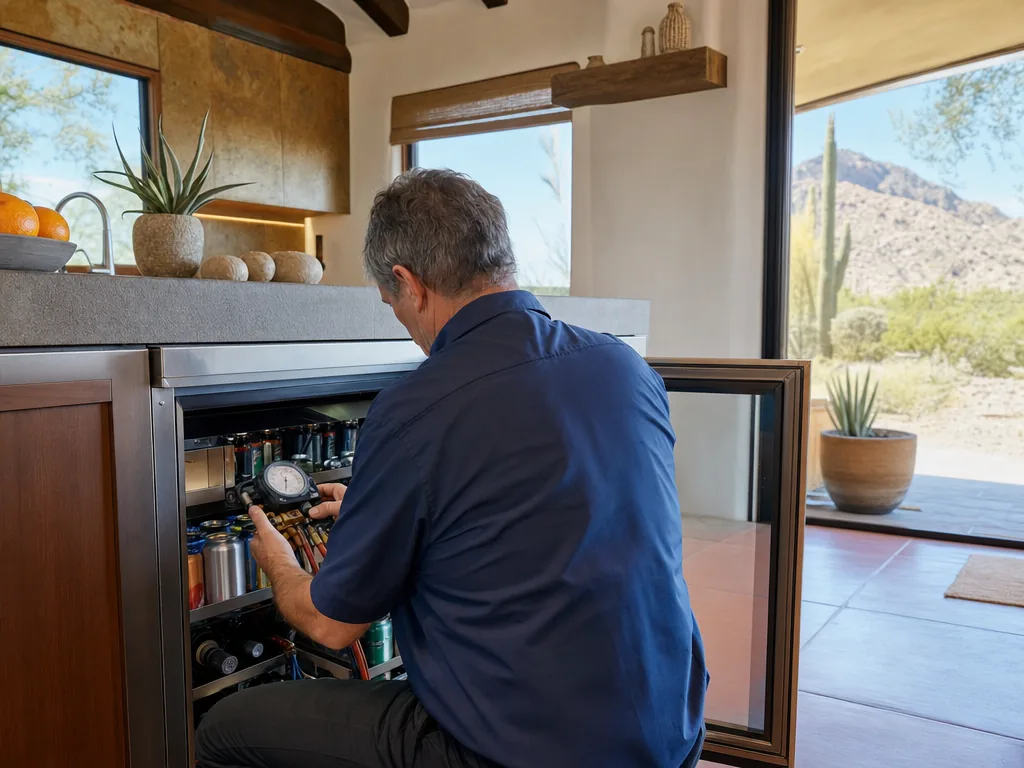 Technician repairing a built-in beverage center in a Phoenix kitchen