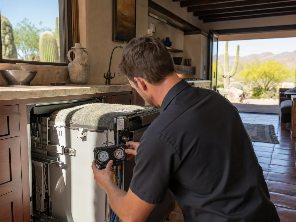 Technician servicing a Bosch built-in appliance in a Phoenix home