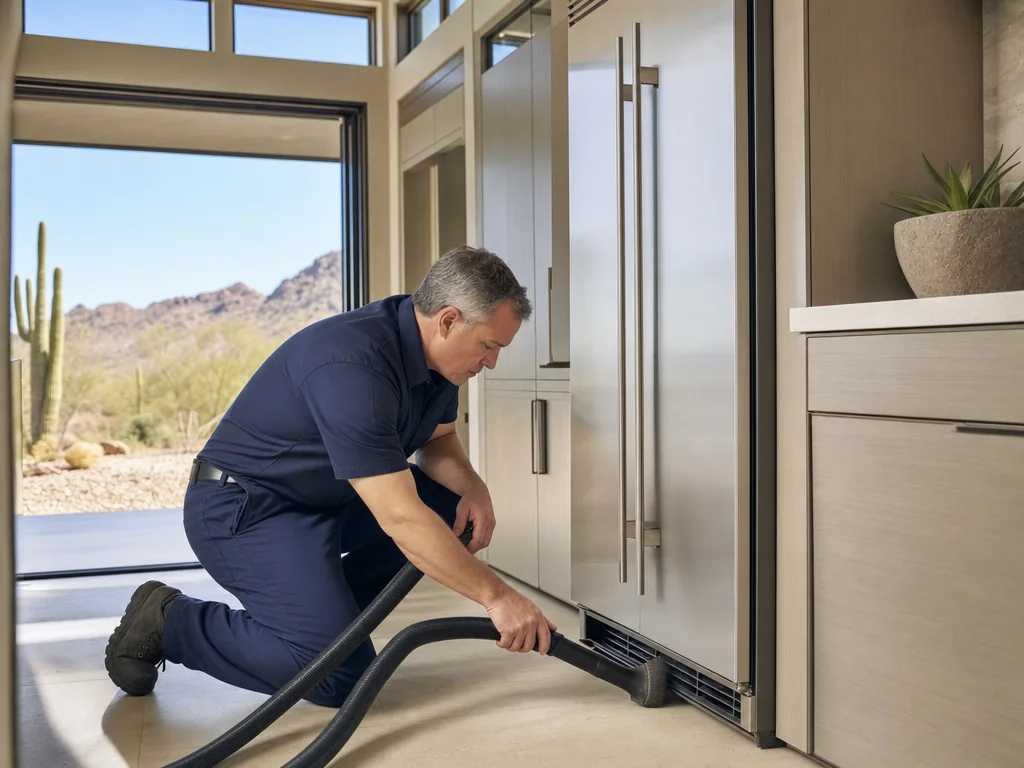 Condenser coil clean-down during an appliance repair visit in Phoenix, Arizona
