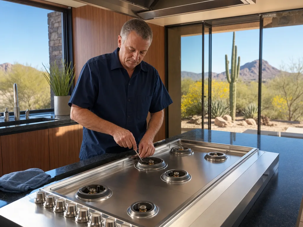 Technician repairing a built-in cooktop in a Phoenix kitchen