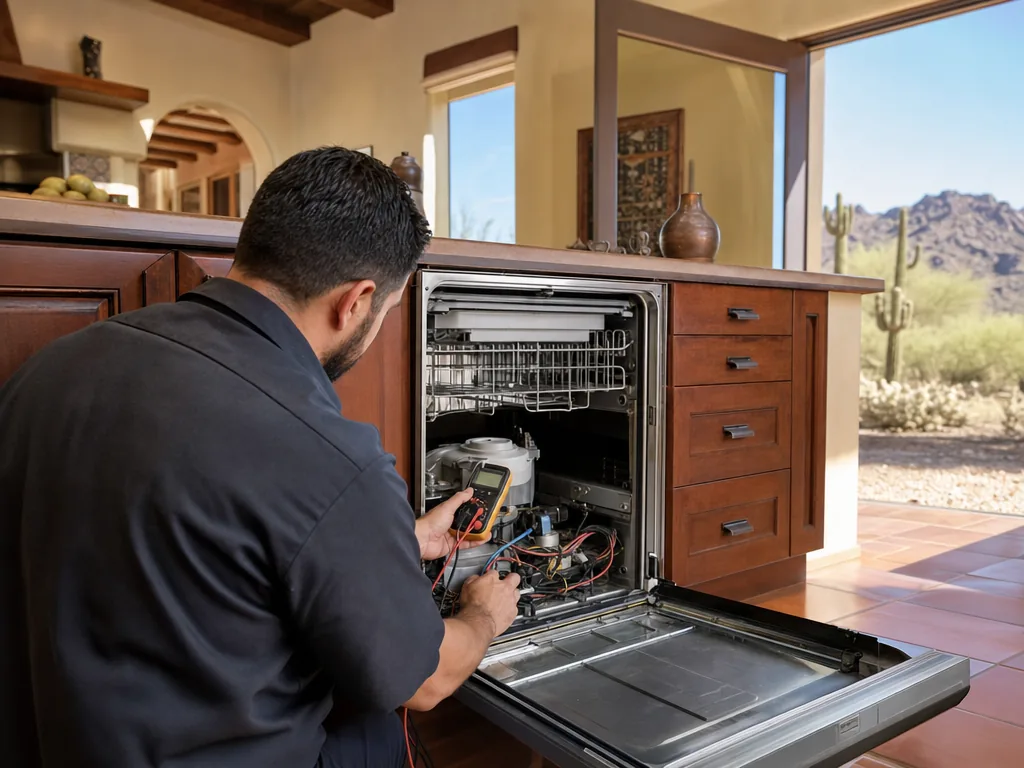 Technician repairing a built-in dishwasher in a Phoenix kitchen