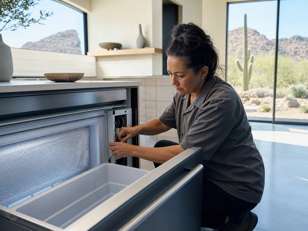 Technician repairing a built-in freezer in a Phoenix kitchen