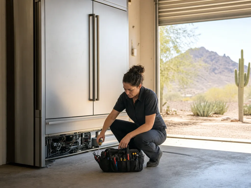 Garage refrigerator in summer heat during an appliance repair visit in Phoenix, Arizona