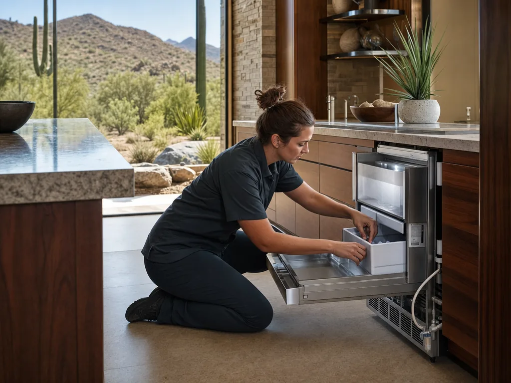 Technician repairing a built-in ice maker in a Phoenix kitchen