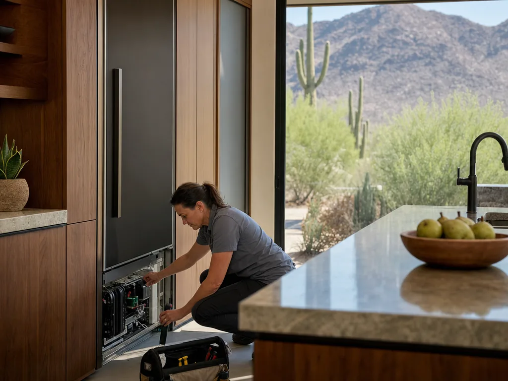 Technician servicing a JennAir built-in appliance in a Phoenix home
