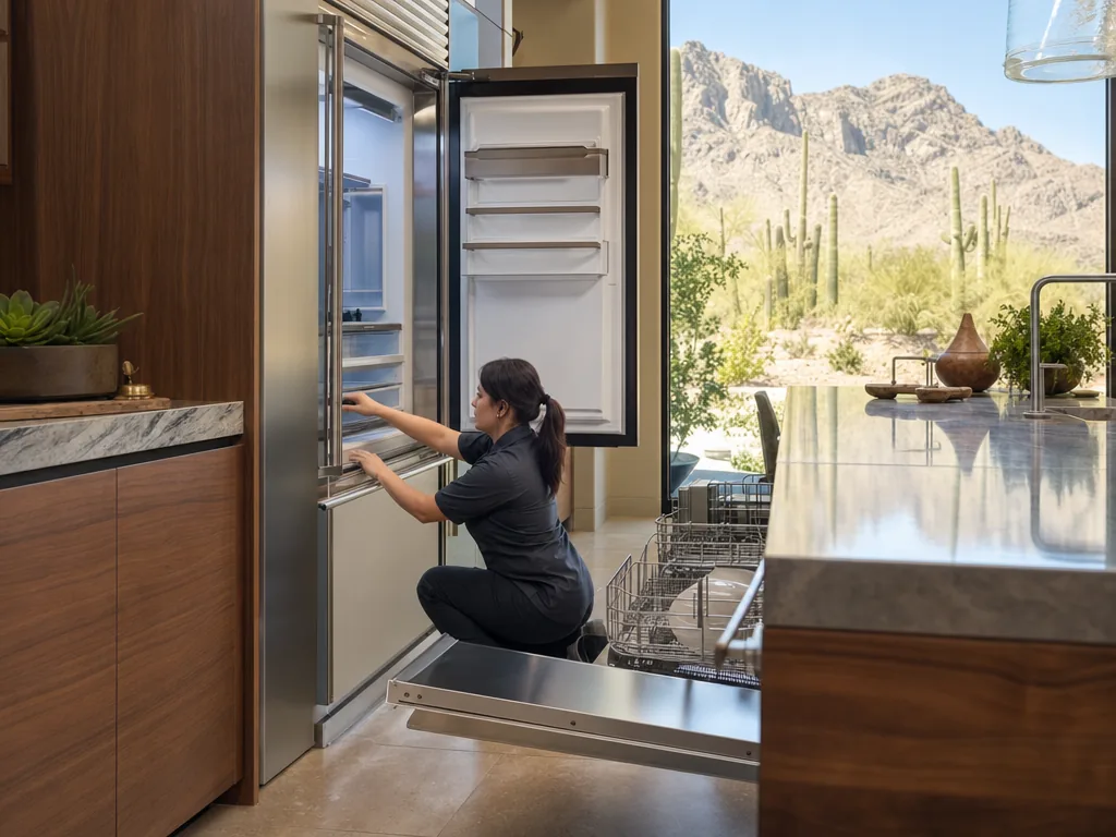 Technician servicing a KitchenAid built-in appliance in a Phoenix home