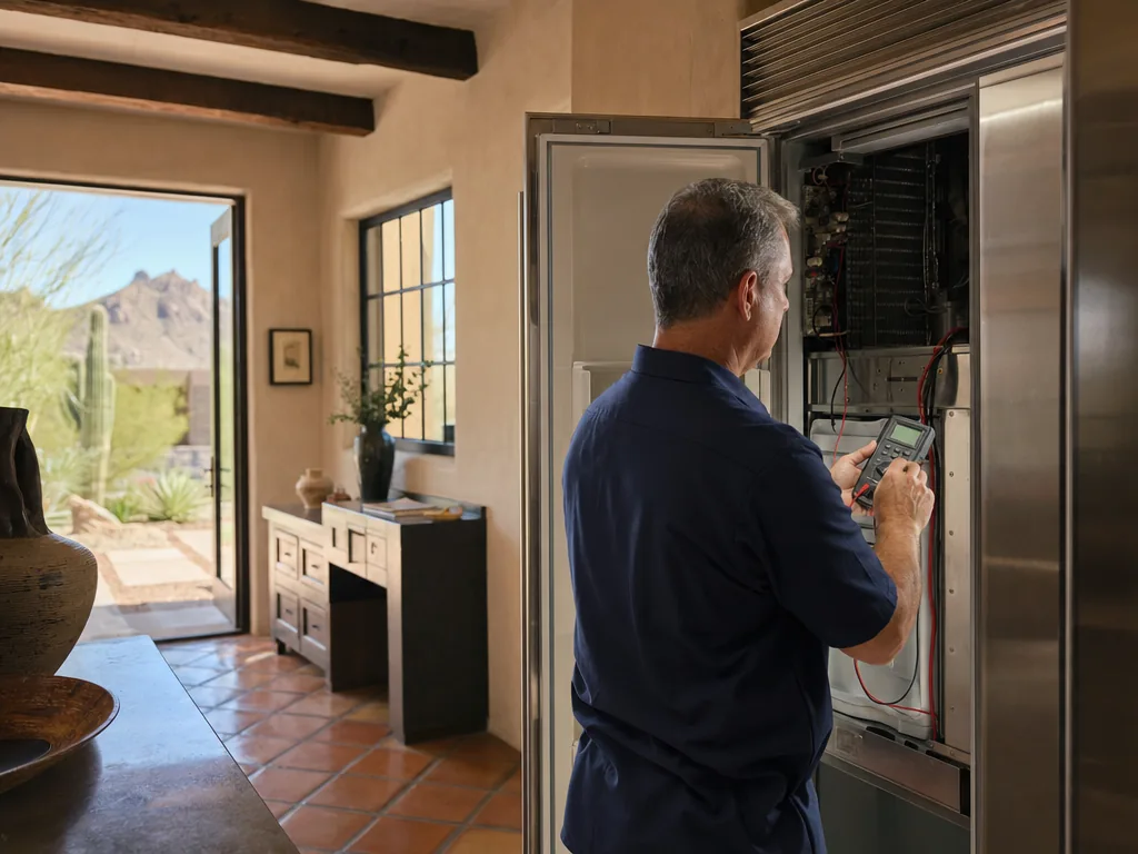 Technician servicing a Liebherr built-in appliance in a Phoenix home