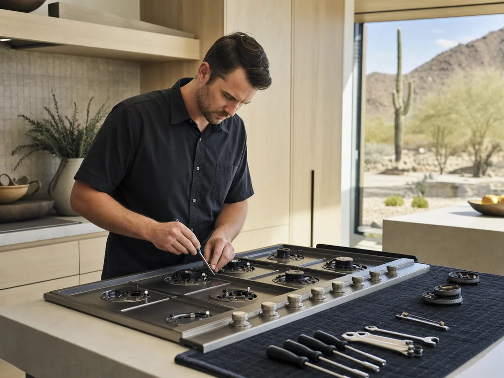 Built-in cooktop opened for repair in a Phoenix kitchen
