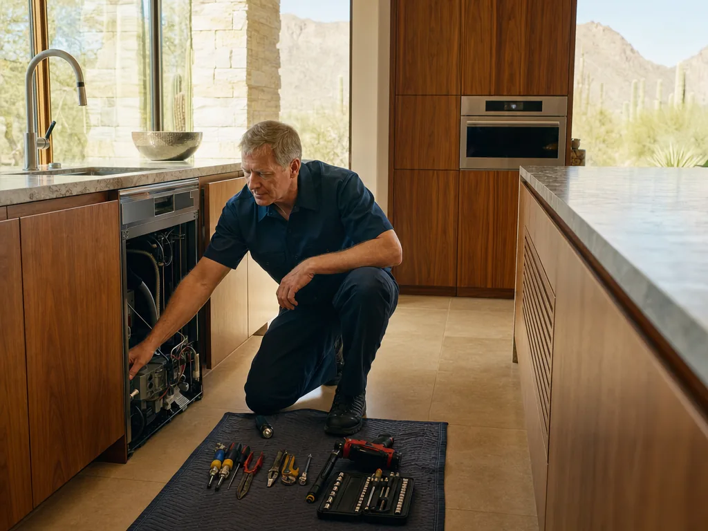 Built-in dishwasher opened for repair in a Phoenix kitchen