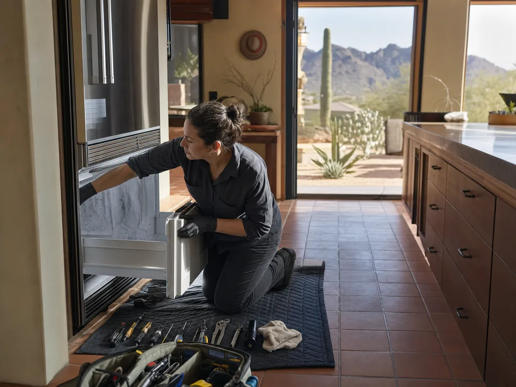 Built-in freezer opened for repair in a Phoenix kitchen