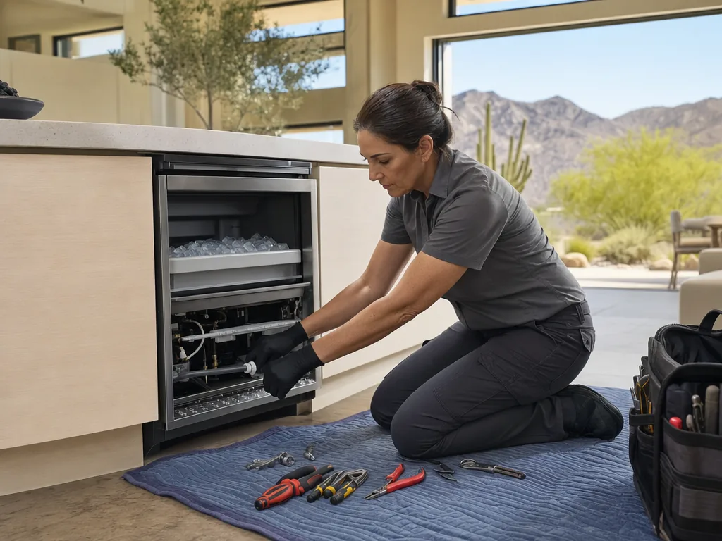 Built-in ice maker opened for repair in a Phoenix kitchen