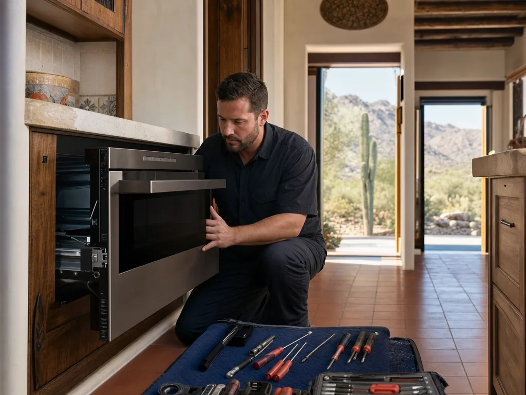Built-in microwave opened for repair in a Phoenix kitchen