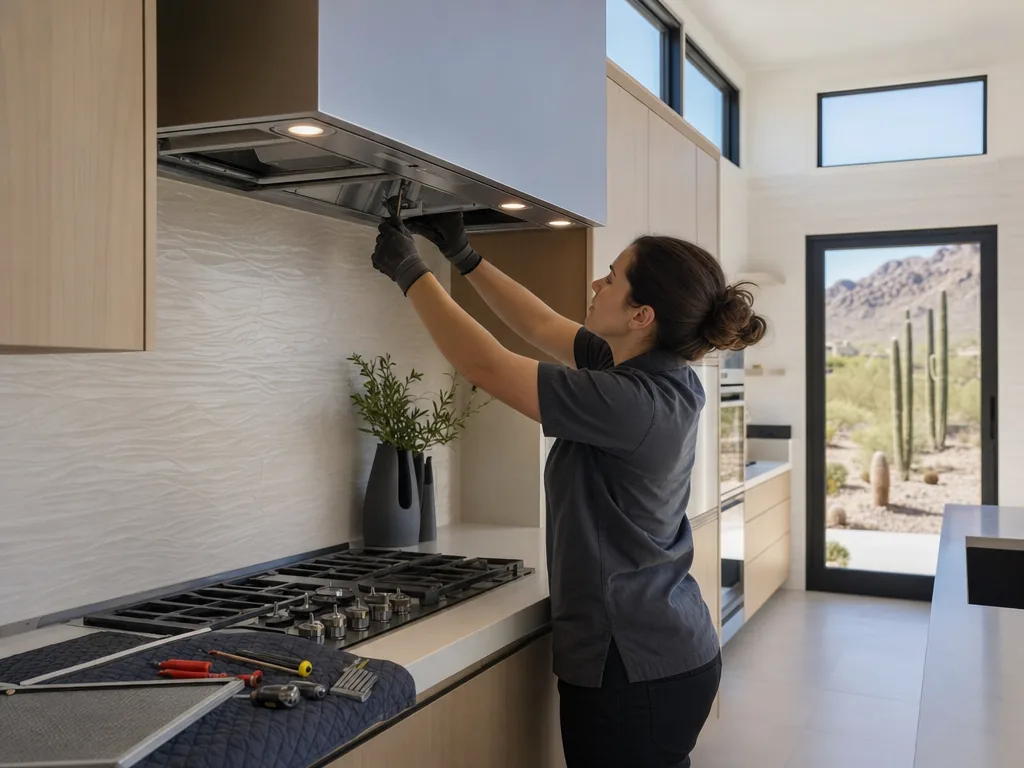 Built-in range hood opened for repair in a Phoenix kitchen