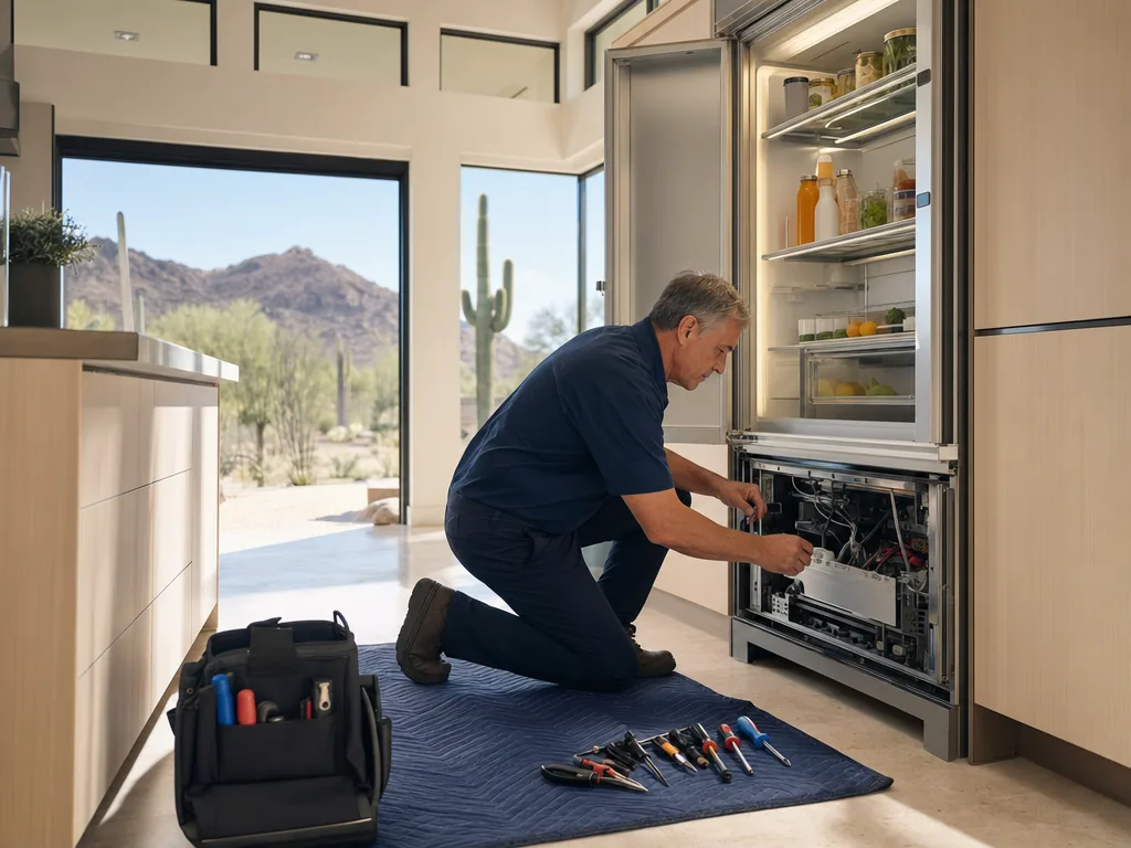 Built-in refrigerator opened for repair in a Phoenix kitchen