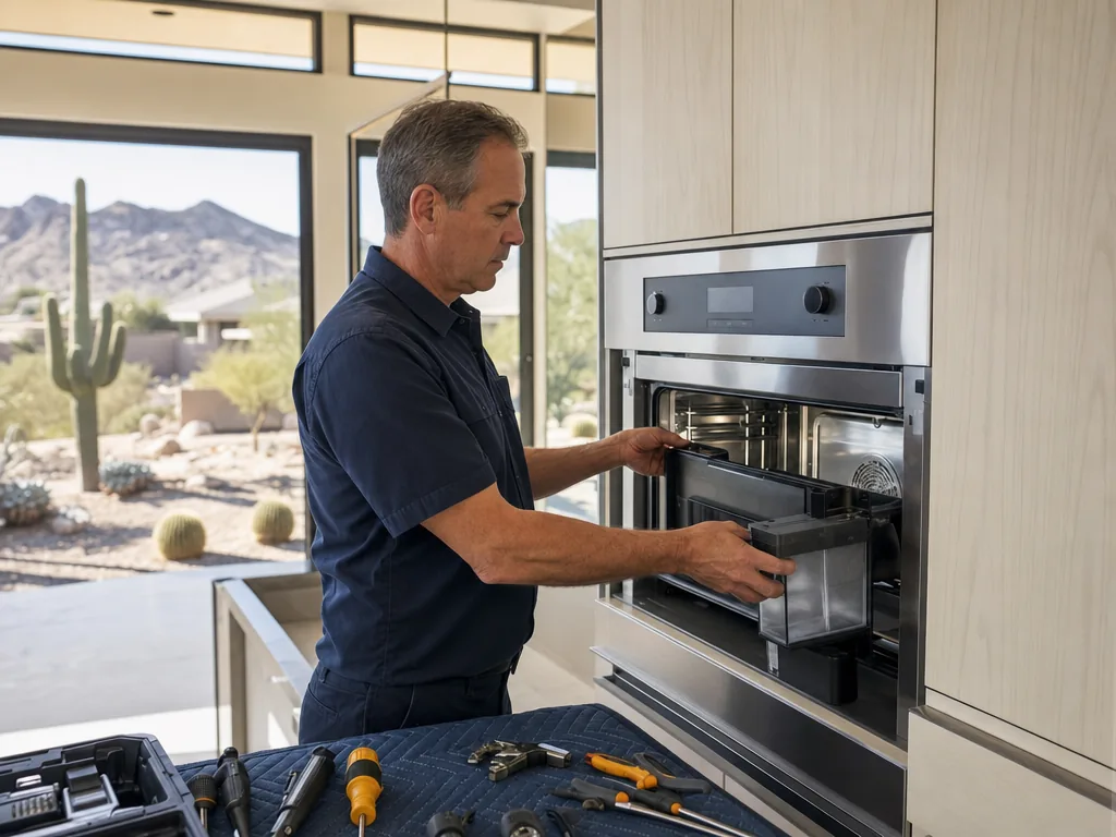 Built-in steam oven opened for repair in a Phoenix kitchen