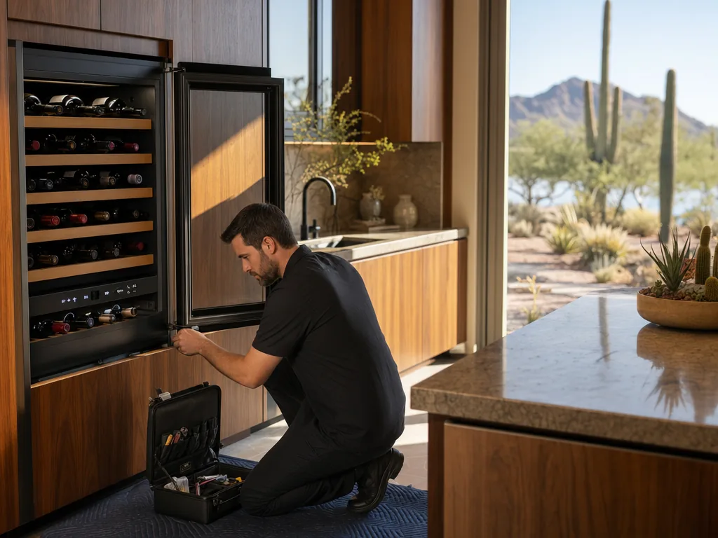 Built-in wine cooler opened for repair in a Phoenix kitchen
