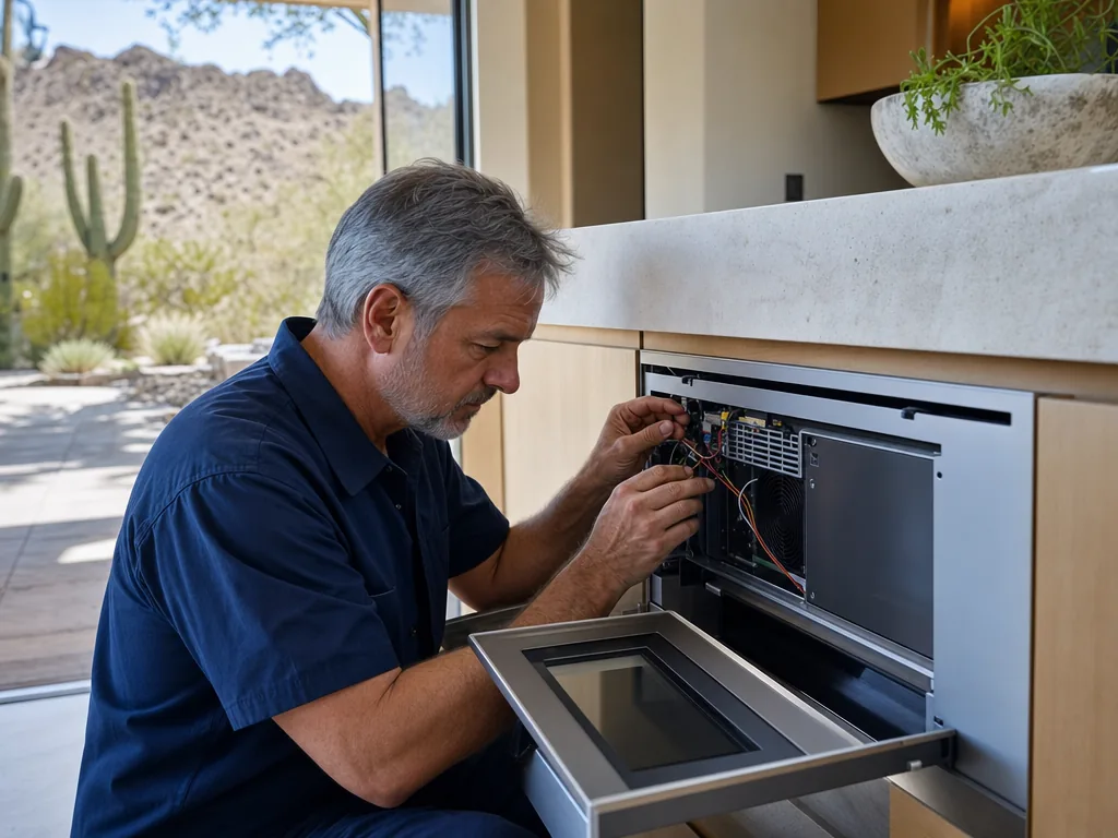Technician repairing a built-in microwave in a Phoenix kitchen