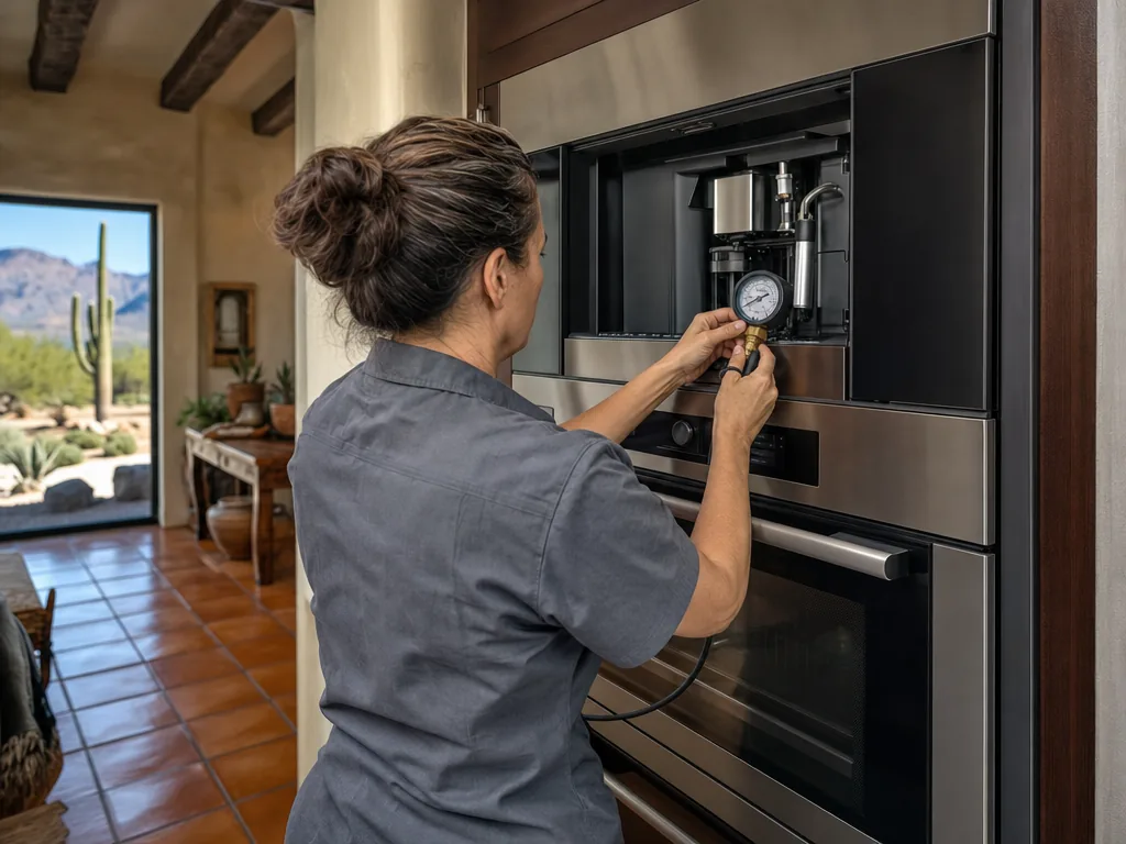Technician servicing a Miele built-in appliance in a Phoenix home