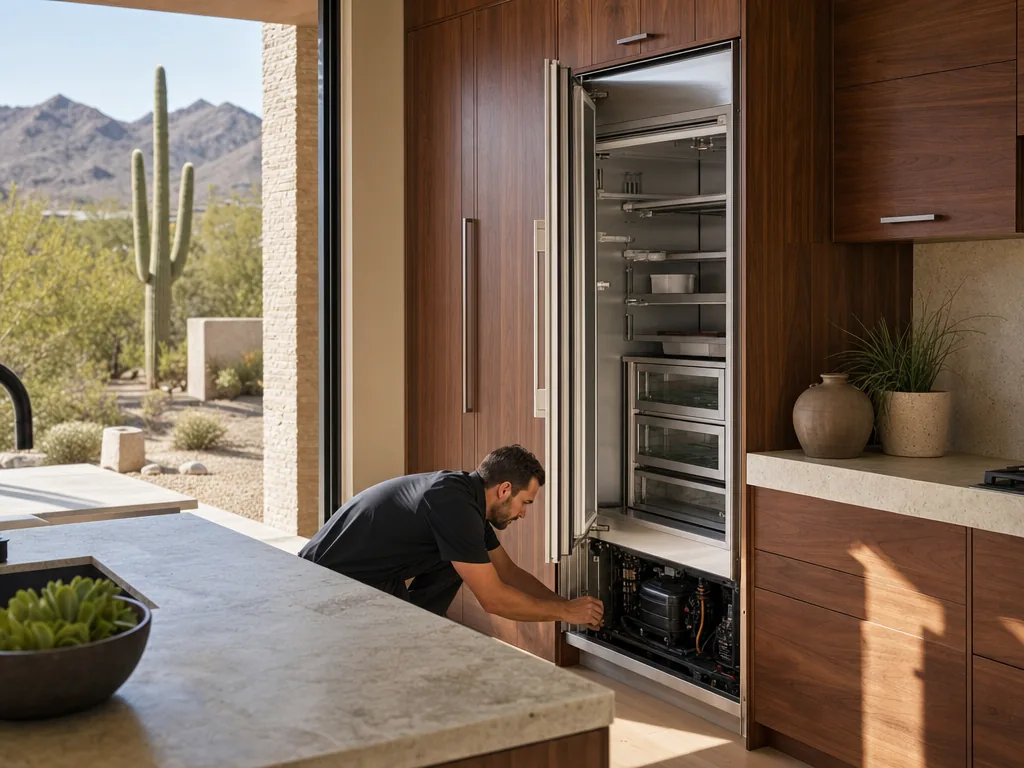 Technician repairing a built-in refrigerator in a Phoenix kitchen