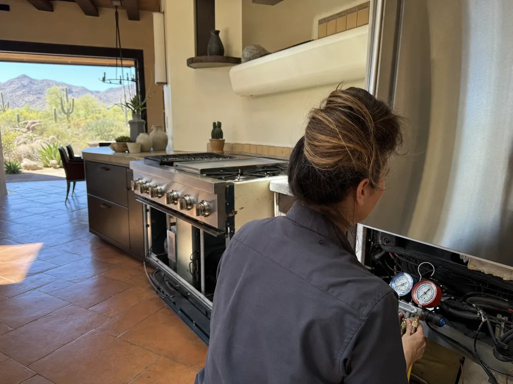 Technician servicing a Samsung built-in appliance in a Phoenix home