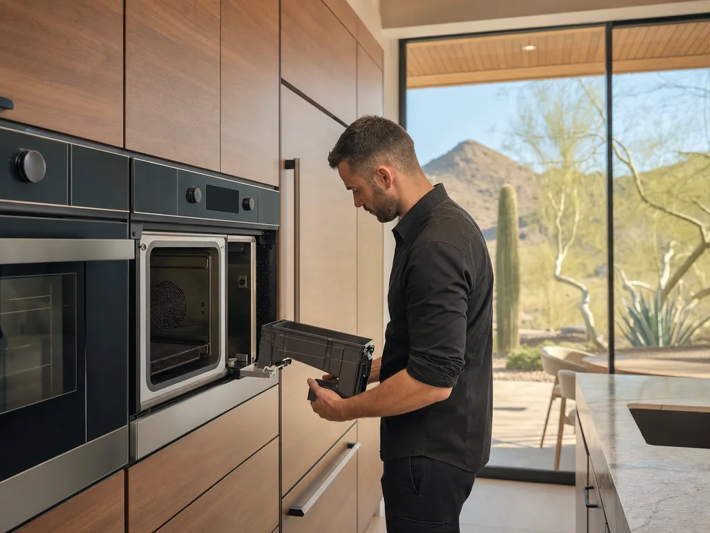 Technician repairing a built-in steam oven in a Phoenix kitchen