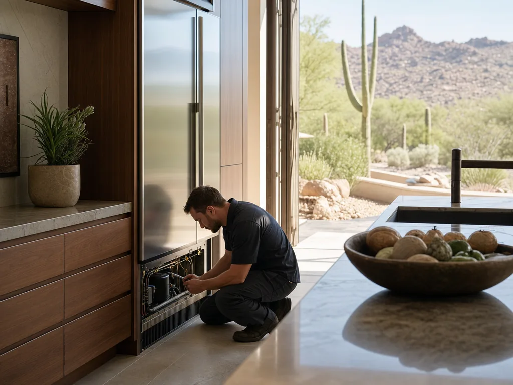 Technician servicing a built-in Sub-Zero refrigerator in a Phoenix kitchen