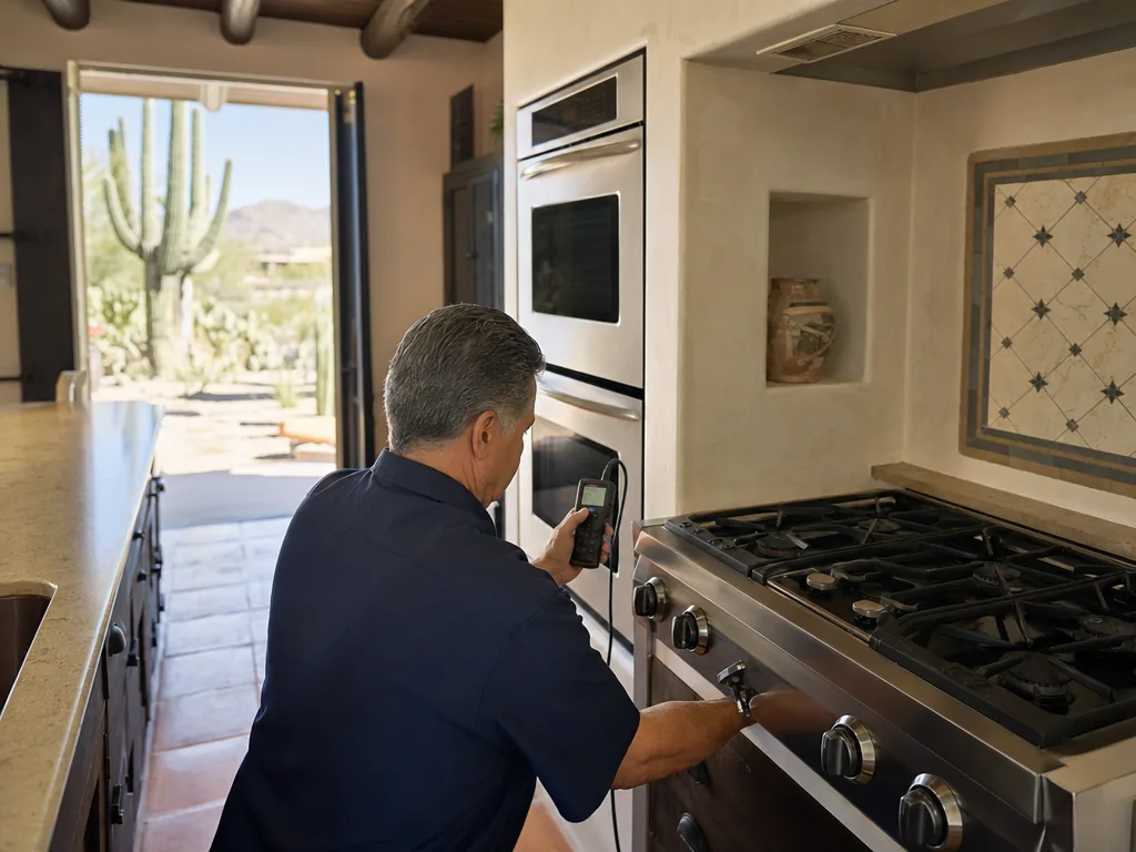 Technician servicing a Thermador built-in appliance in a Phoenix home