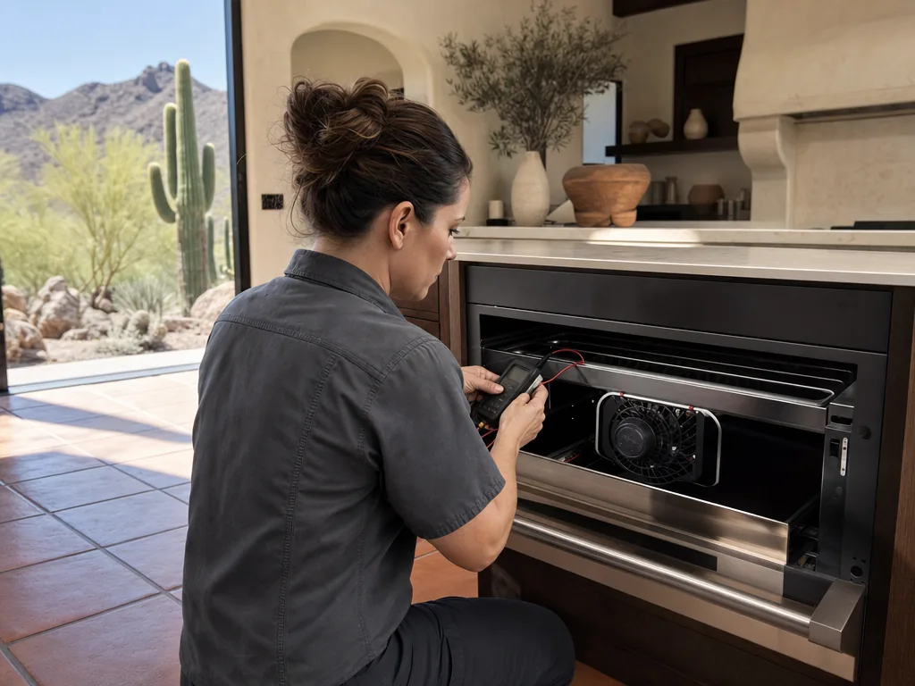 Technician repairing a built-in warming drawer in a Phoenix kitchen