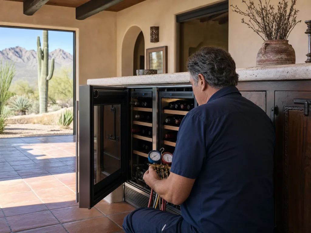 Technician repairing a built-in wine cooler in a Phoenix kitchen