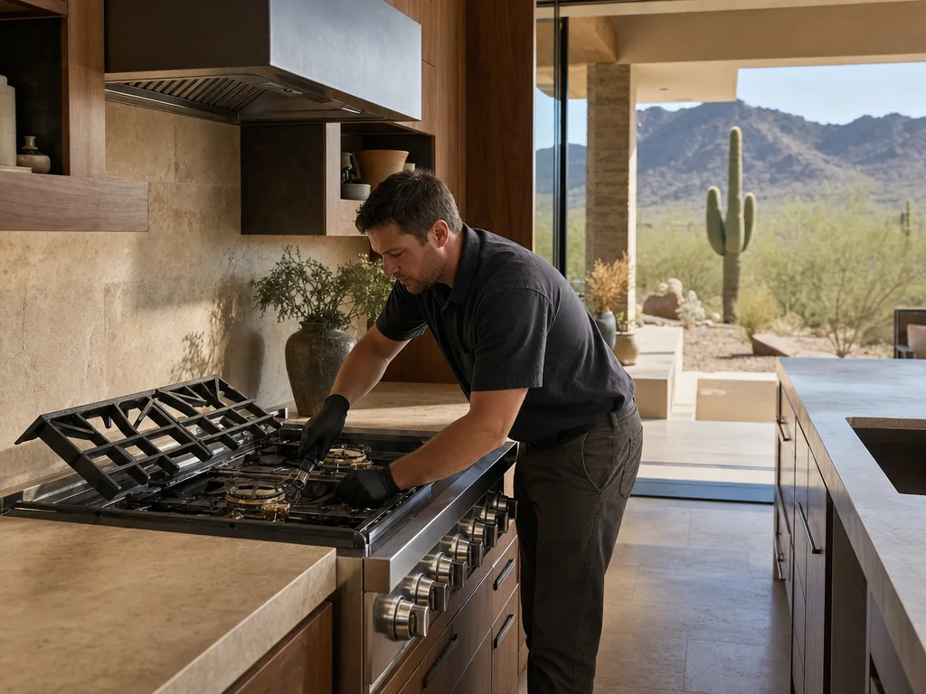 Technician servicing a Wolf built-in appliance in a Phoenix home